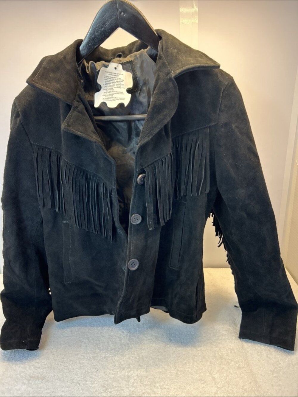 Real Leather Brand Black Suede Fringe Jacket  RETRO/BOHO Waist Buttons NWT READ